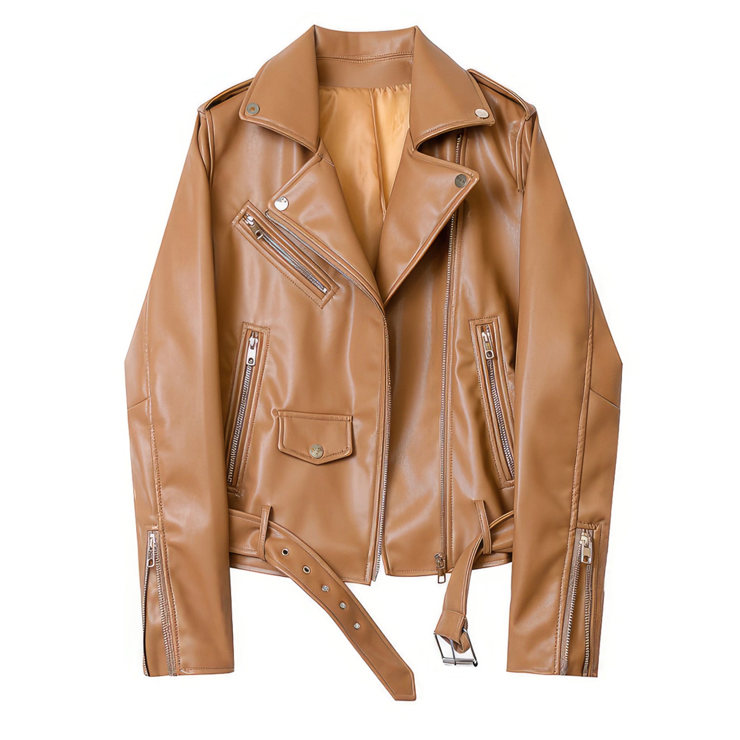 Women’s Camel Brown Biker Genuine Sheepskin Asymmetric Moto Café Racer Streetwear Belted Basic Spring Sporty Leather Jacket