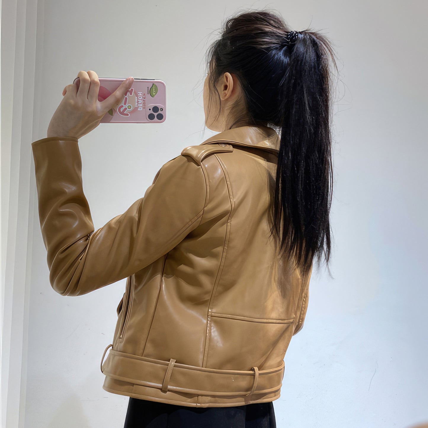 Women’s Camel Brown Biker Genuine Sheepskin Asymmetric Moto Café Racer Streetwear Belted Basic Spring Sporty Leather Jacket