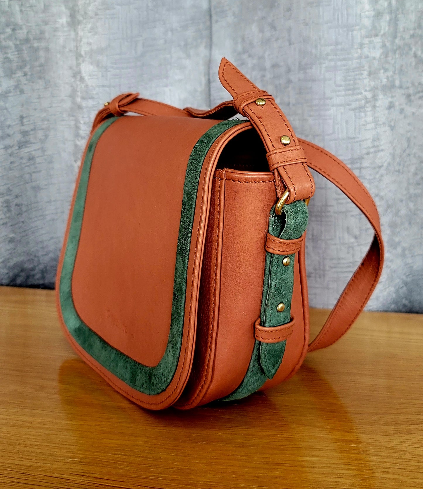 Tan Colour With Green Suede Ladies Hand Bag
