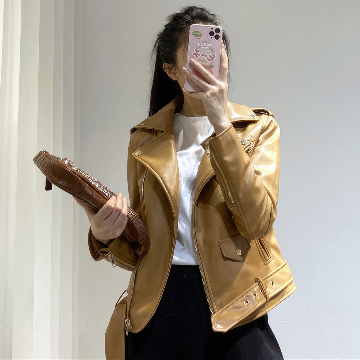 Women’s Camel Brown Biker Genuine Sheepskin Asymmetric Moto Café Racer Streetwear Belted Basic Spring Sporty Leather Jacket