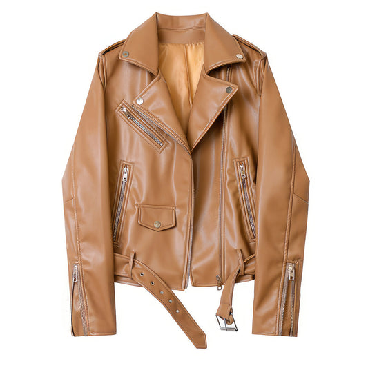 Women’s Camel Brown Biker Genuine Sheepskin Asymmetric Moto Café Racer Streetwear Belted Basic Spring Sporty Leather Jacket