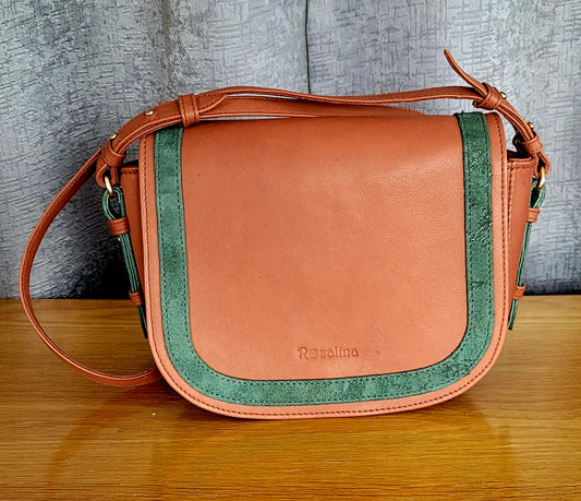 Tan Colour With Green Suede Ladies Hand Bag