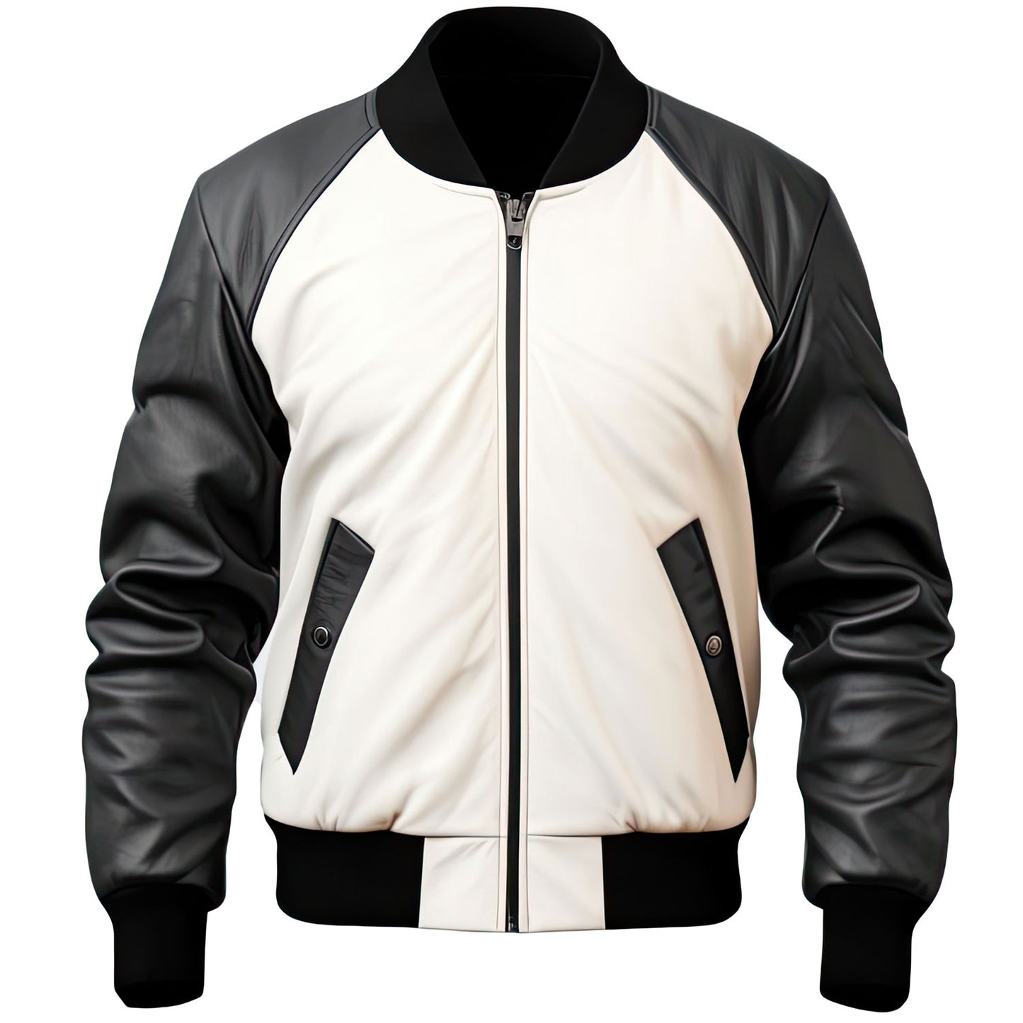 Men’s Black White Genuine Sheepskin Baseball Collar Jacket