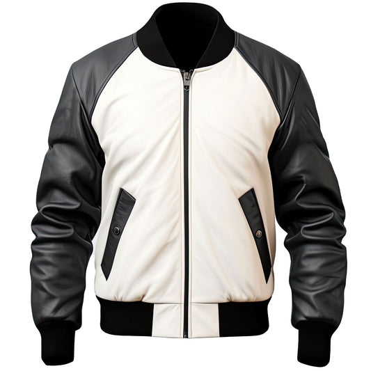 Men’s Black White Genuine Sheepskin Baseball Collar Jacket